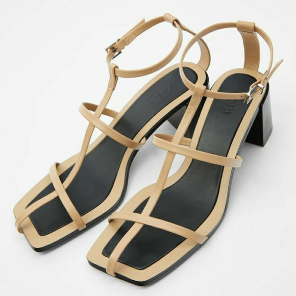 Zara t-strap leather heeled sandals